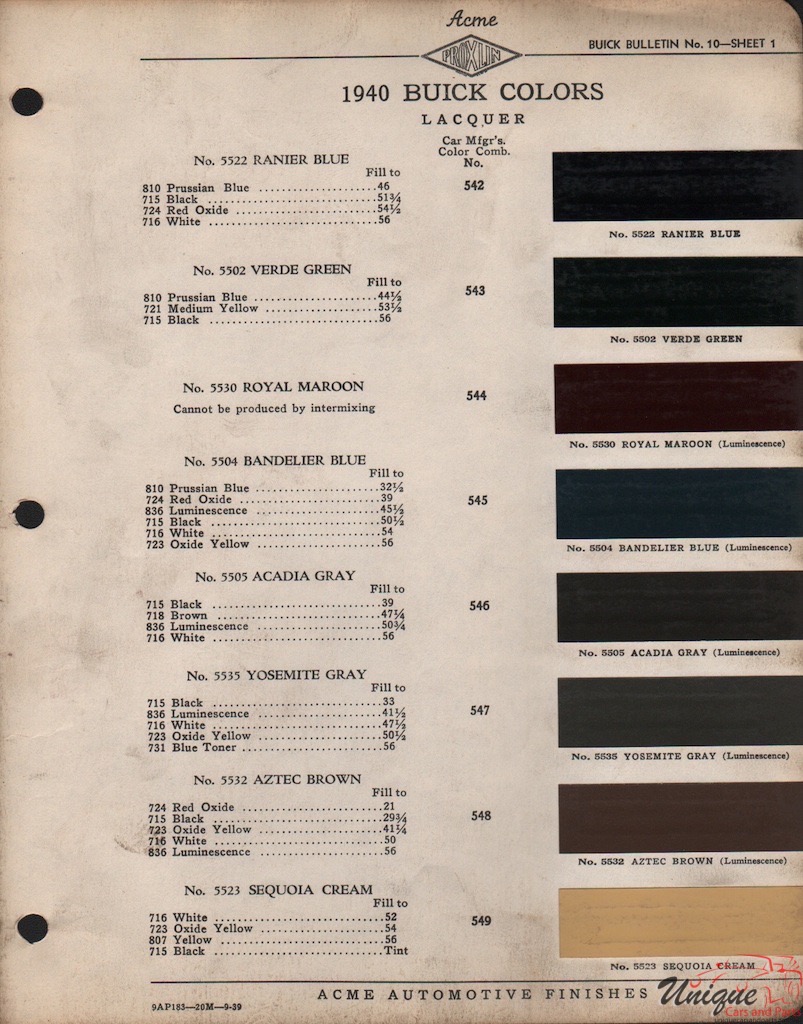1940 Buick Paint Charts Acme 1